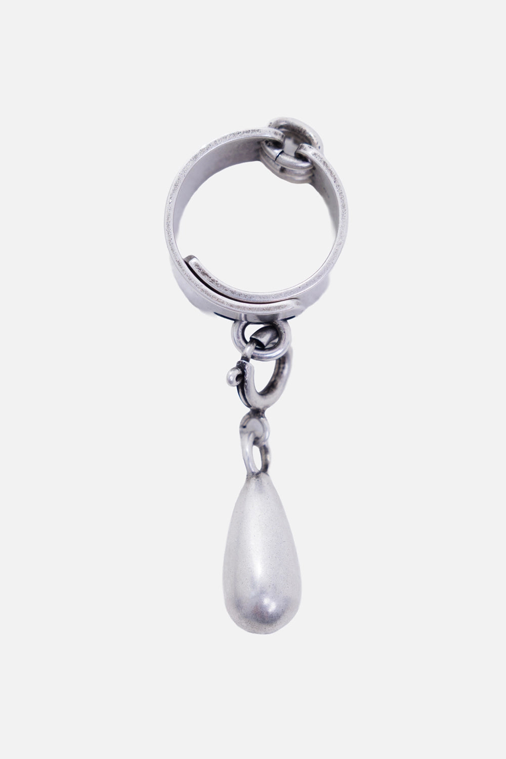 Ann Demeulemeester women's Aurelie ring in antique silver, side view with open band and linked pearl drop