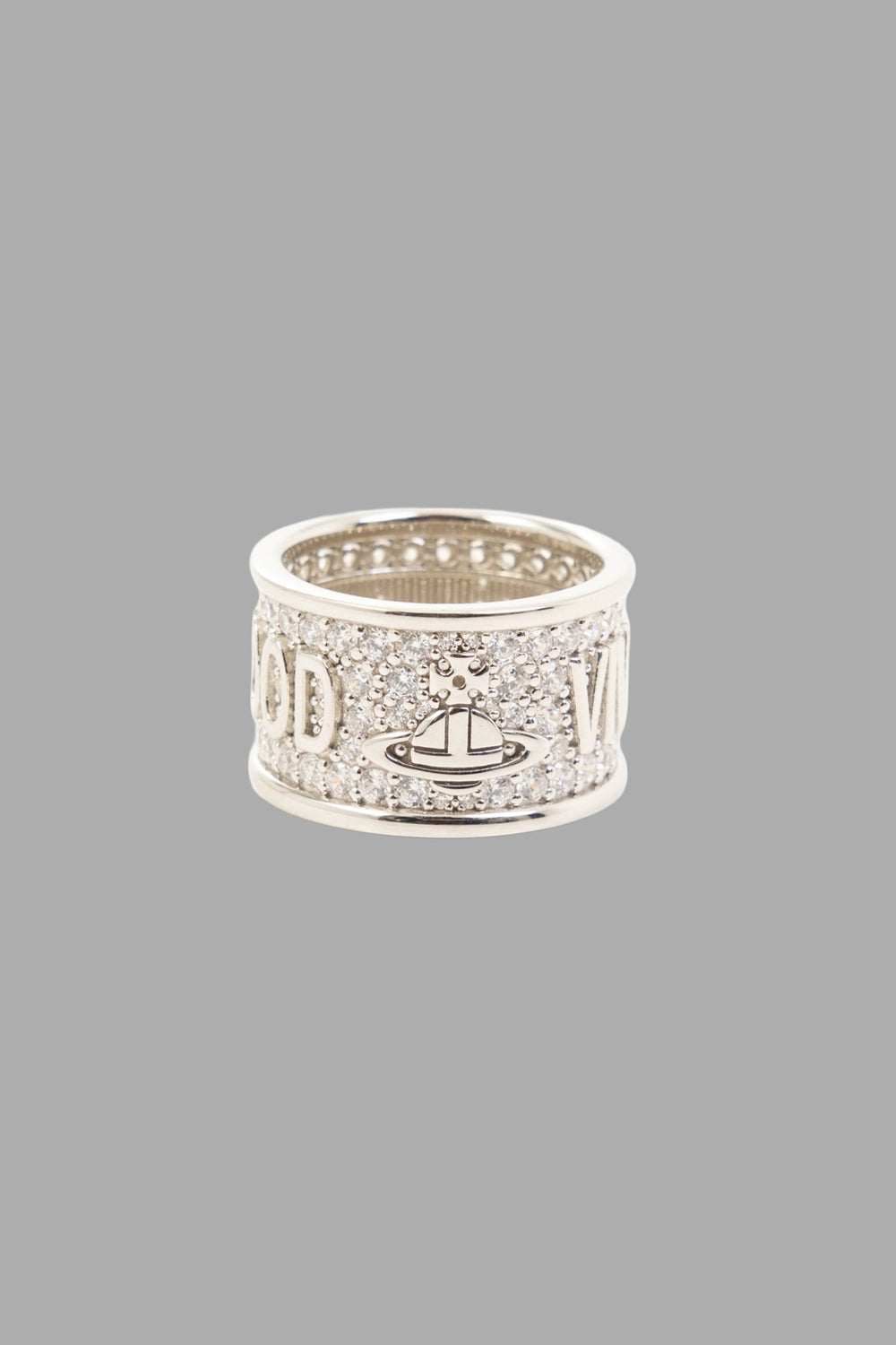 Vivienne Westwood ring in platinum, logo detail, Orb emblem set into crystal-pavé band.
