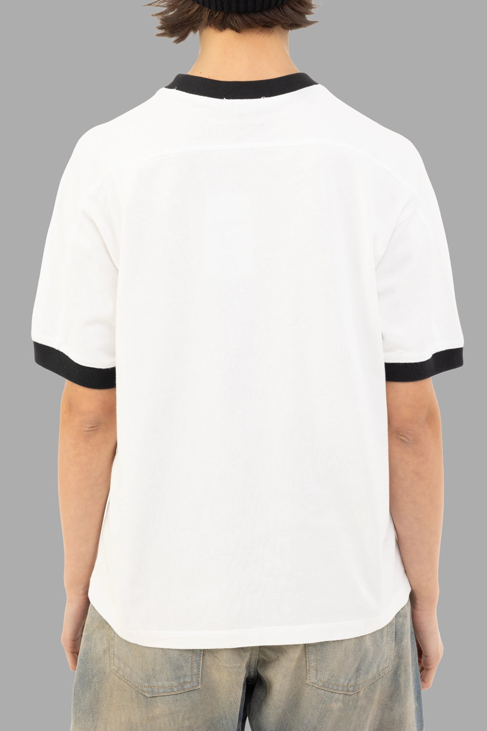 ANINE BING women ringer logo T-shirt in ivory, back view, raglan sleeves with contrast collar and cuffs