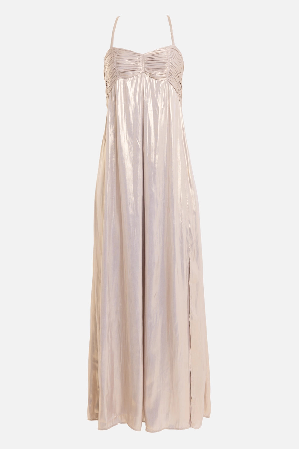 Zadig&Voltaire women's Rippie satin dress in Gold, front view with ruched bodice and fluid maxi skirt