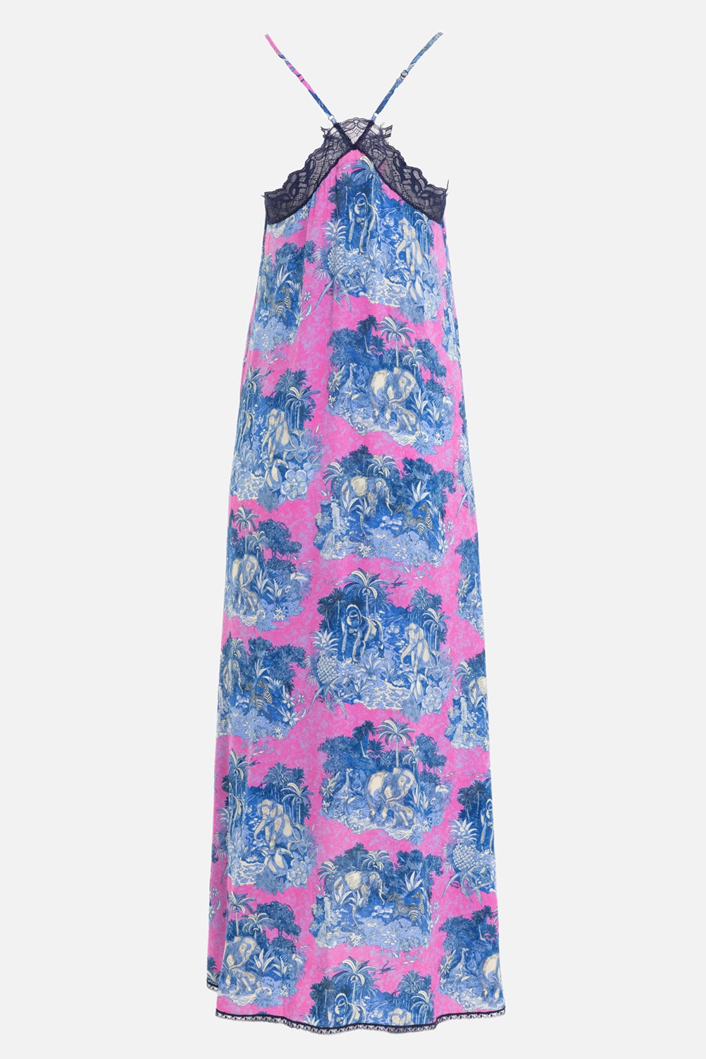 Zadig & Voltaire women's slip dress in pink and blue, front view, high-low hem and lace-trimmed edge