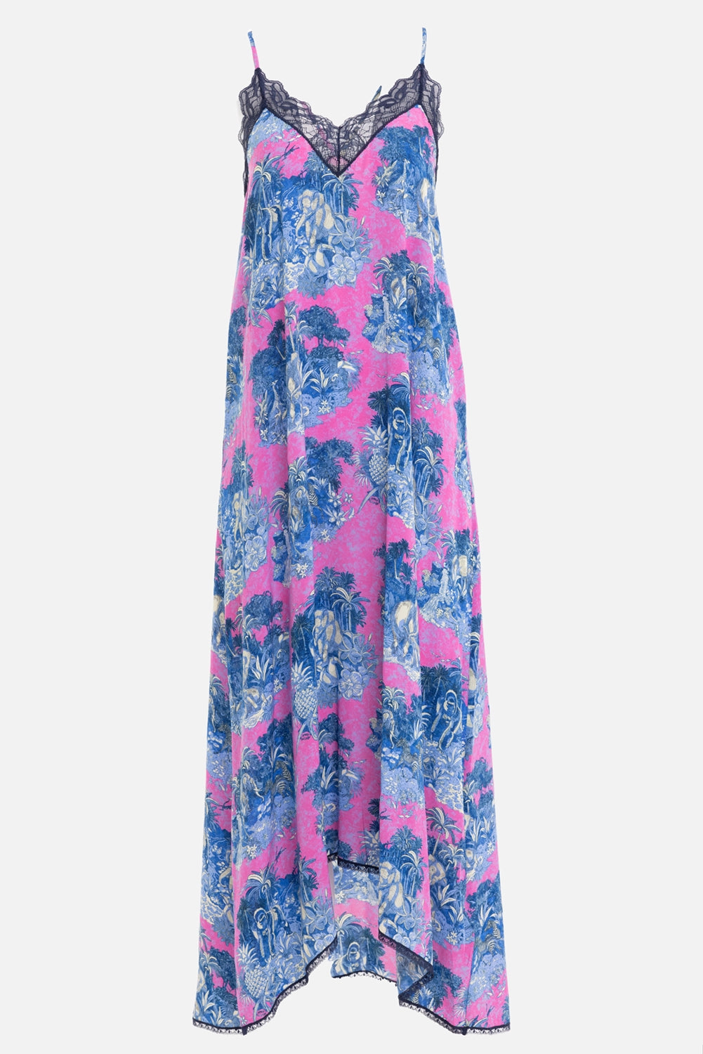 Zadig & Voltaire women's slip dress in pink and blue, front view, black French lace neckline