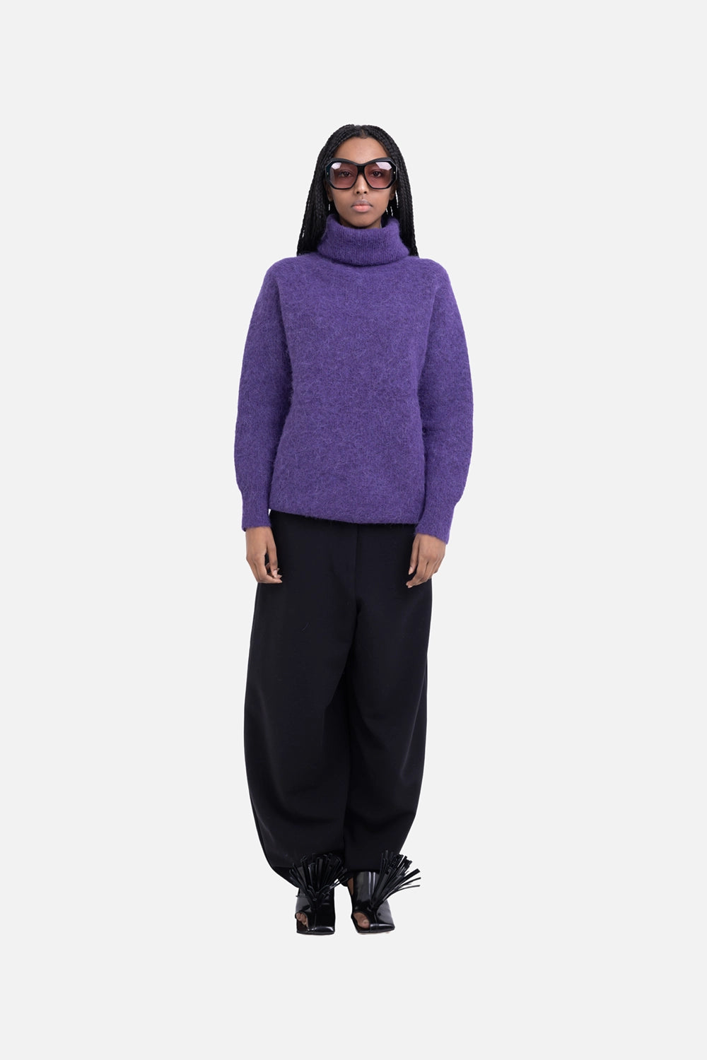 JOSEPH women's roll-neck sweater in violet, on-model full length, brushed fuzzy knit texture