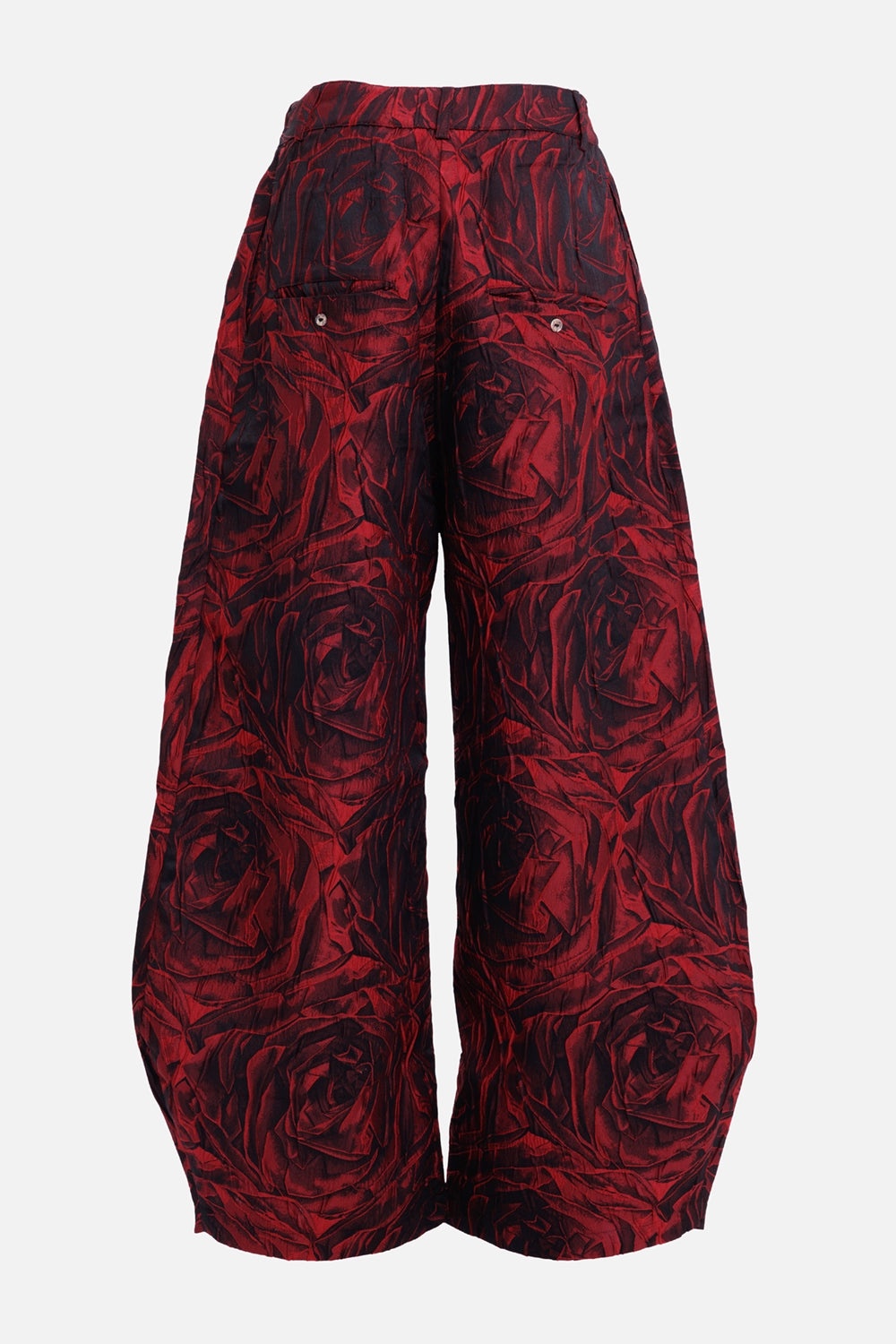 Marc Point women's trousers in red and black, back view with oversized roses and twin welt pockets