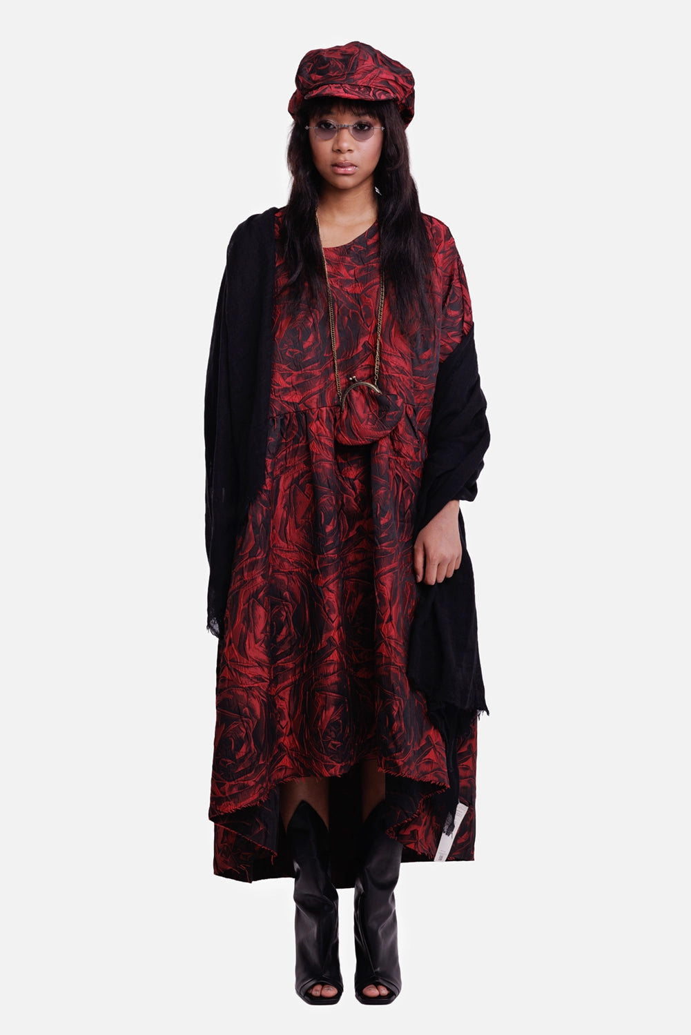 Marc Point women's rose print dress in red and black, full-length model view with voluminous asymmetric hem