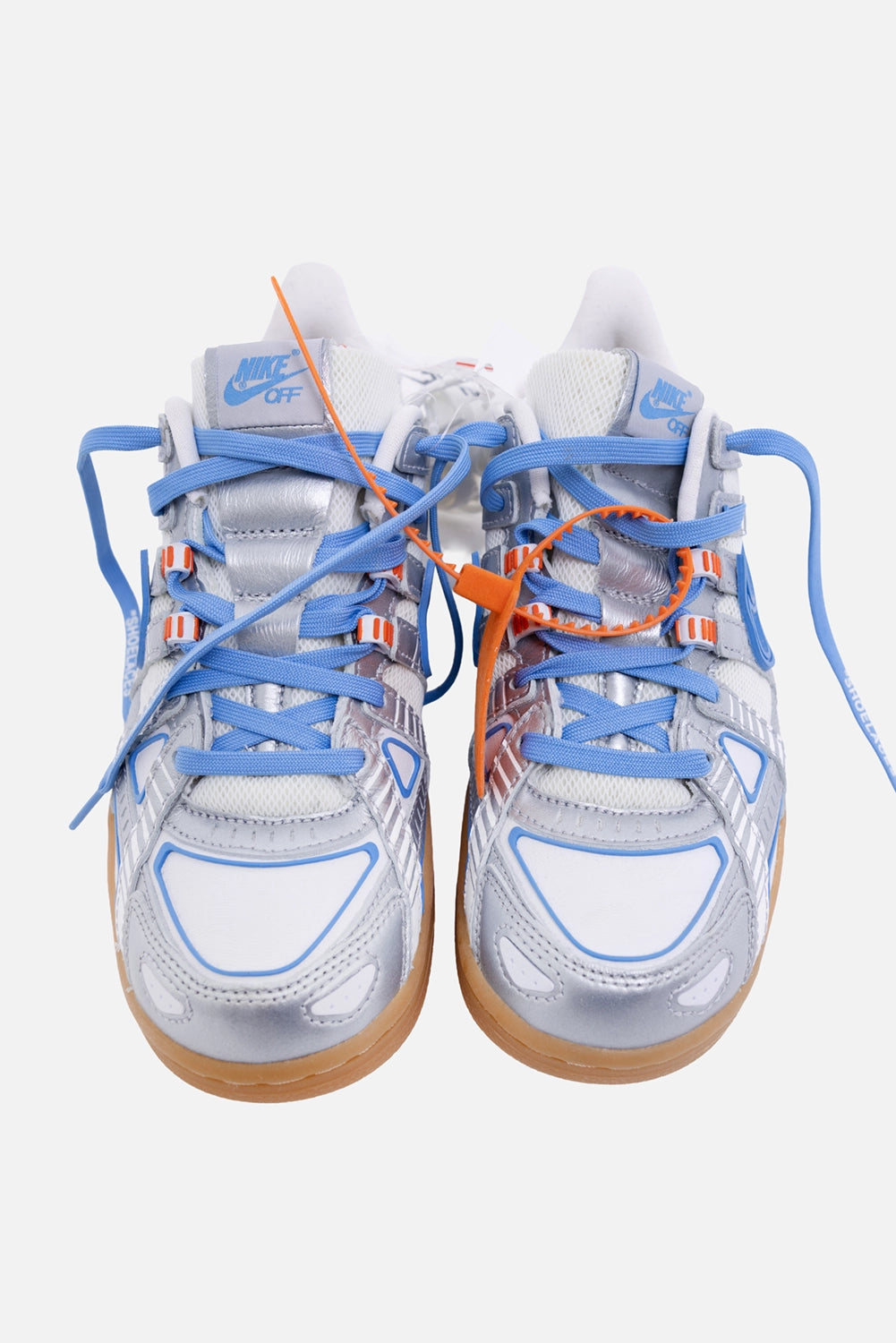 Pre-owned Nike x Off-White unisex Rubber Dunk sneakers in white/blue, front view, orange zip-tie and blue laces