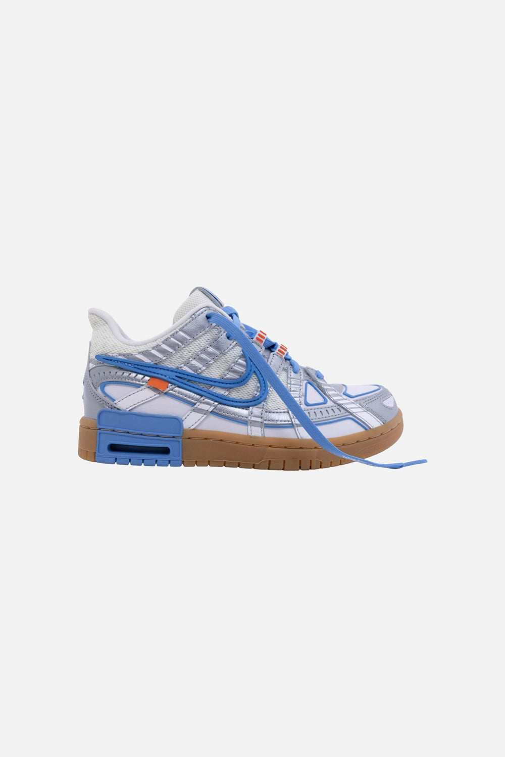 Pre-owned Nike x Off-White unisex Rubber Dunk sneakers in white/blue, side view, layered Swoosh and gum sole
