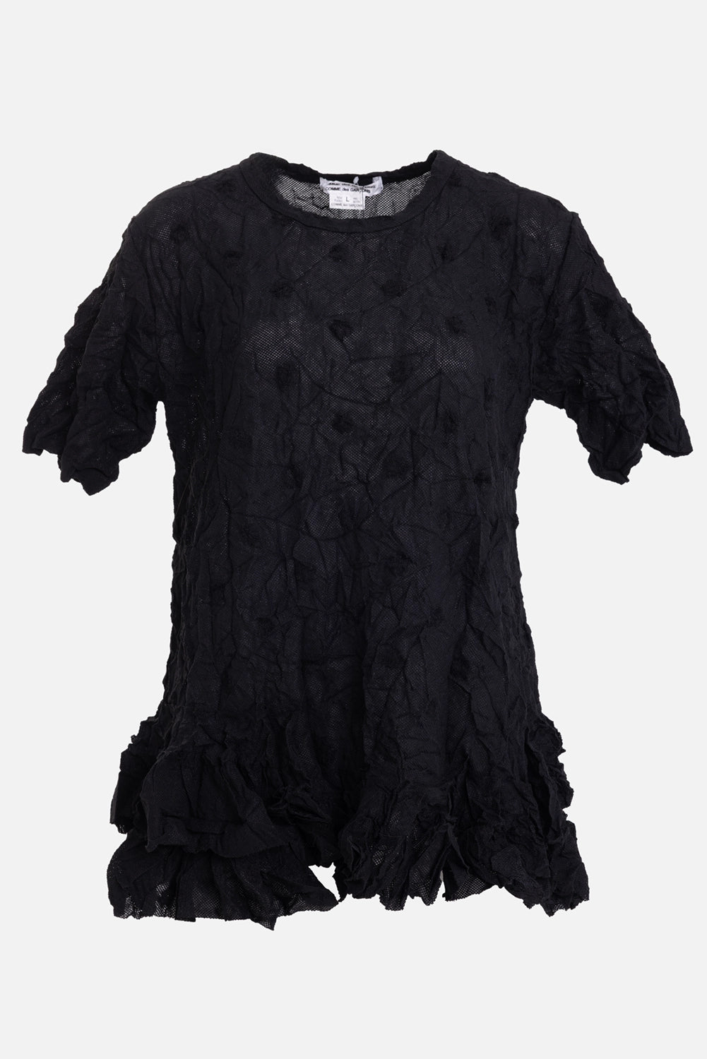 Comme des Garçons Comme des Garçons women's crinkled T-shirt in black, front view, round neck and ruffled hem