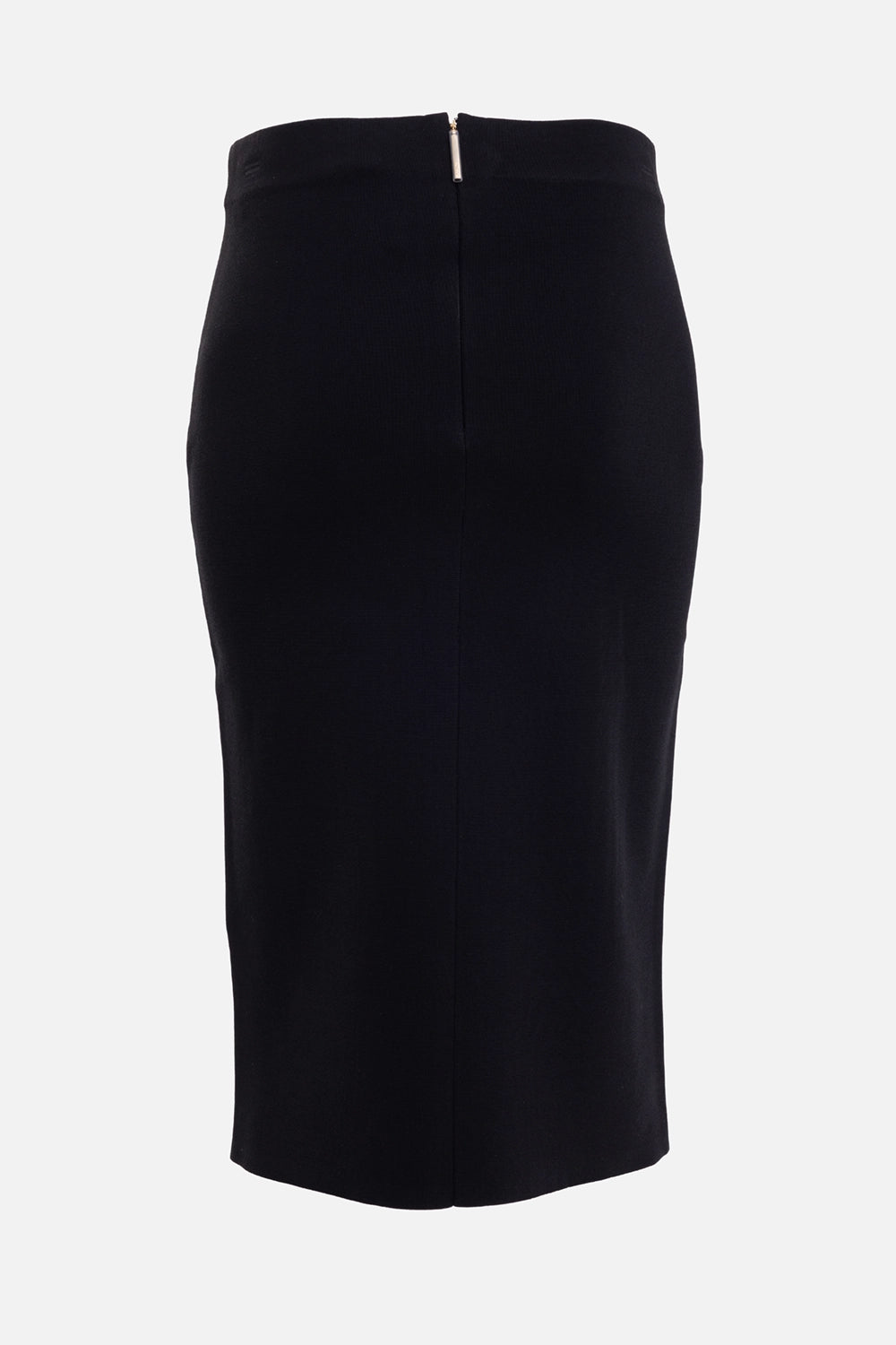JOSEPH women's Safir knit skirt in Black, back view, gold-tone zipper pull and center seam