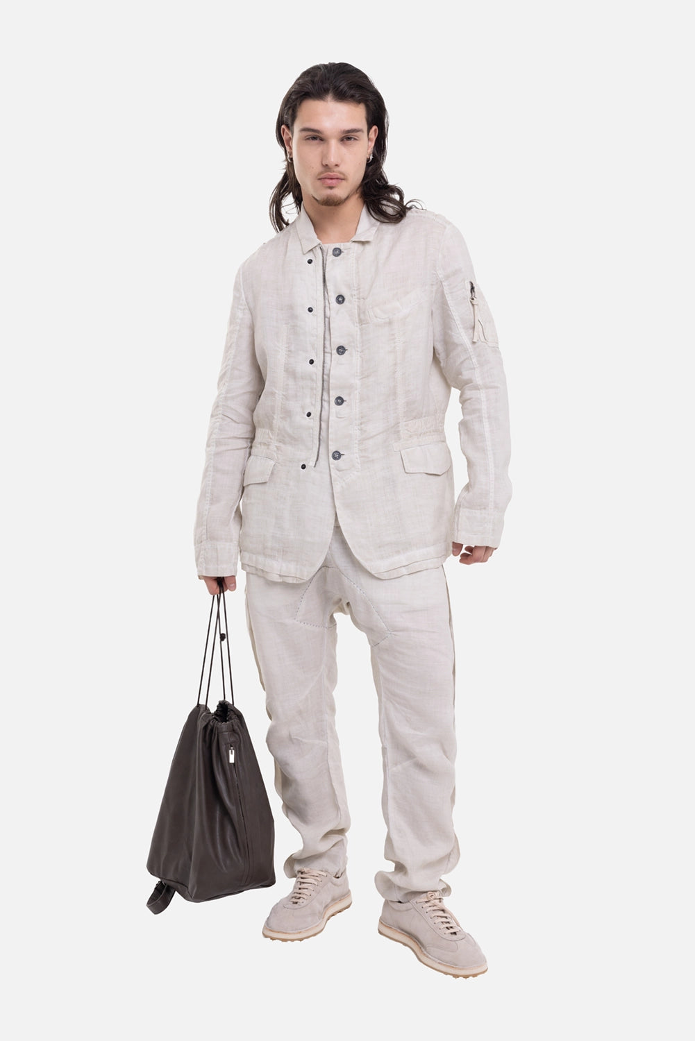 Masnada men's Sahariana ramie jacket in Cement, on-model full-length with crumpled ramie texture