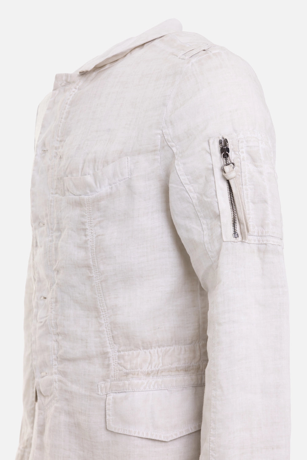 Masnada men's Sahariana ramie jacket in Cement, zipper detail with sleeve pocket and metal pull