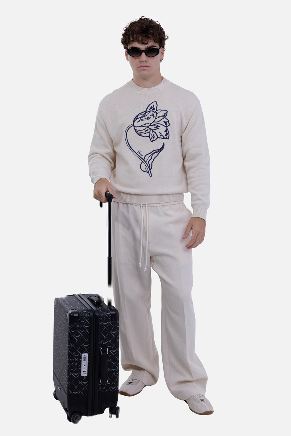 Helmut Lang men's Sailor pants in muslin, full-length model view with relaxed straight leg and drawstring waist