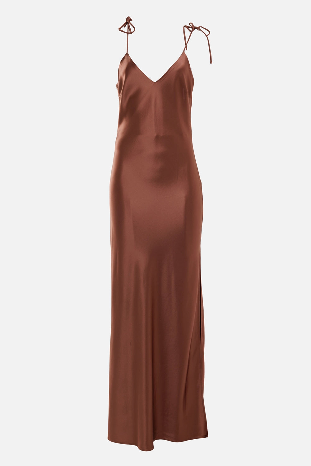 By Malene Birger women's satin maxi dress in Latte Brown, front view with V-neck, self-tie straps and fluid hem
