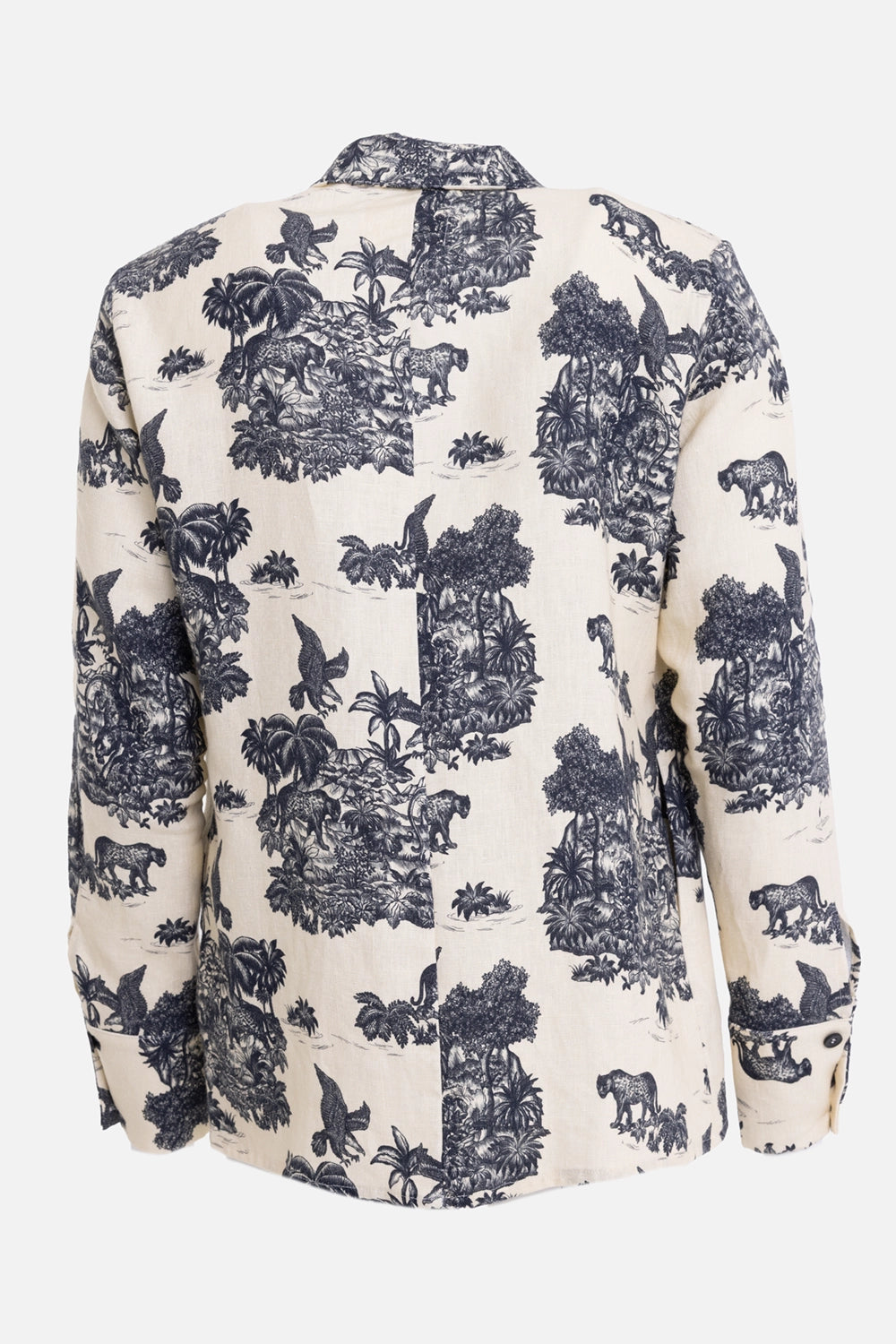 Marc Point men's linen jacket in natural beige, back view, all-over wildlife print and straight hem