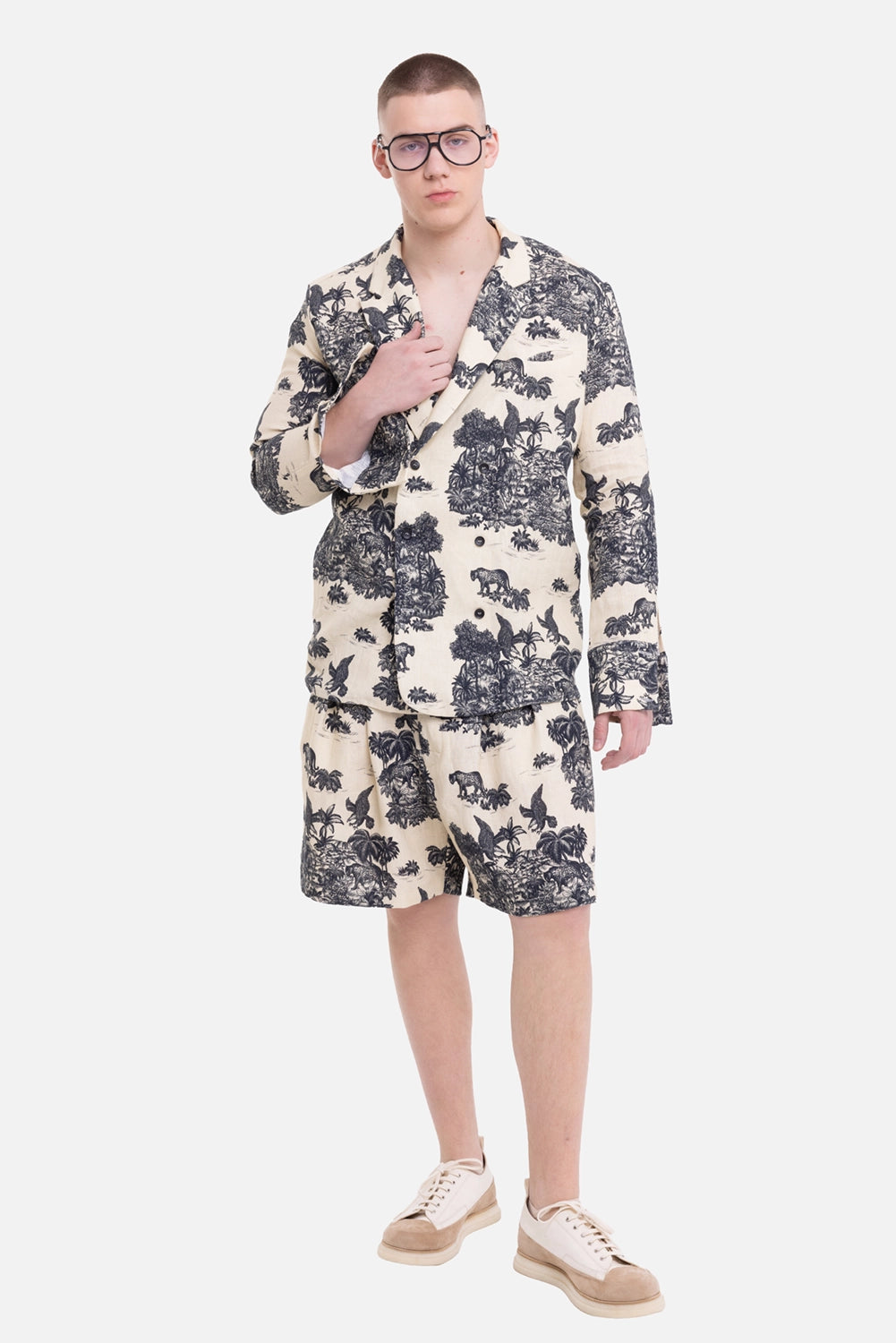 Marc Point men's linen jacket in natural beige, on-model full-length view, double-breasted savannah print