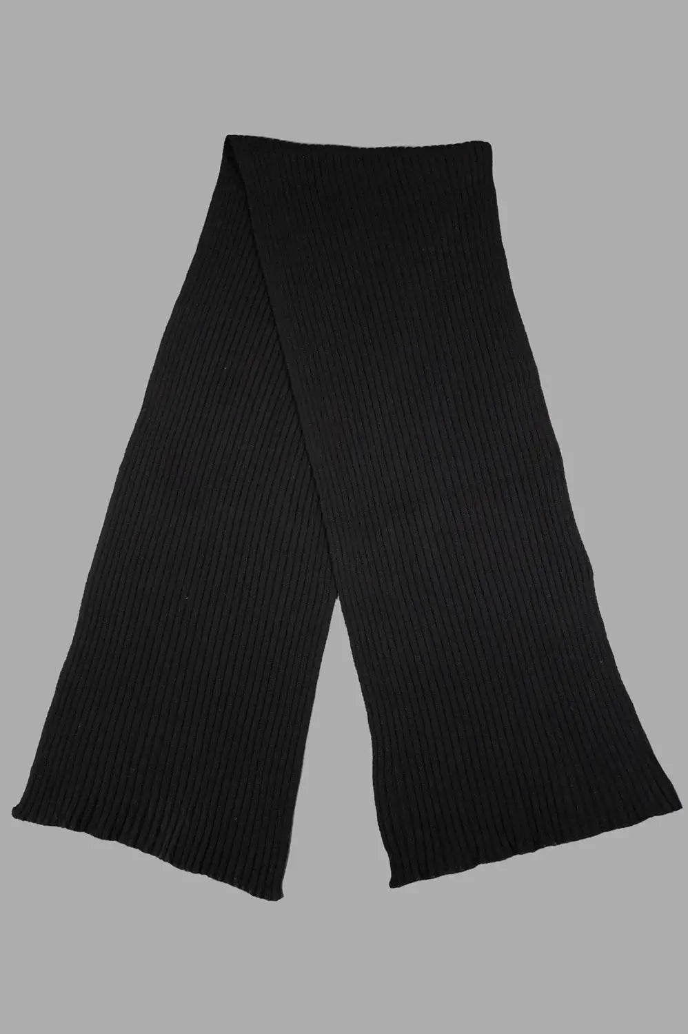 Rick Owens scarf in black, front view laid flat showing long rectangular shape and wide rib texture