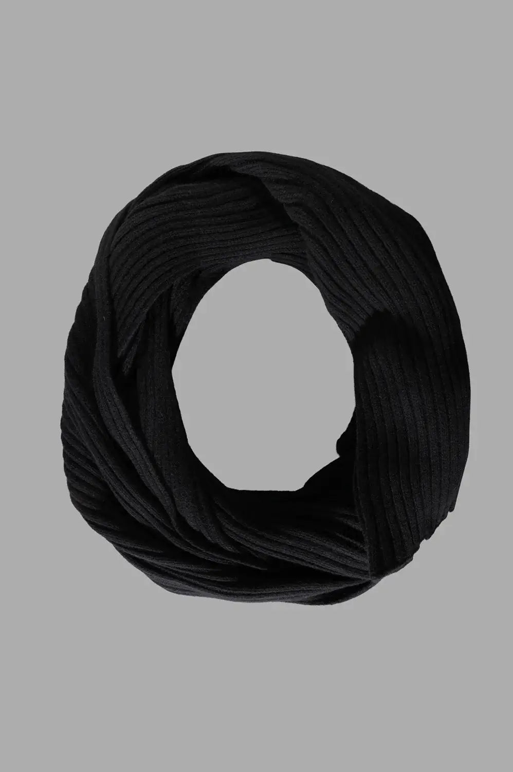 Rick Owens scarf in black, front view with ribbed knit and looped styling