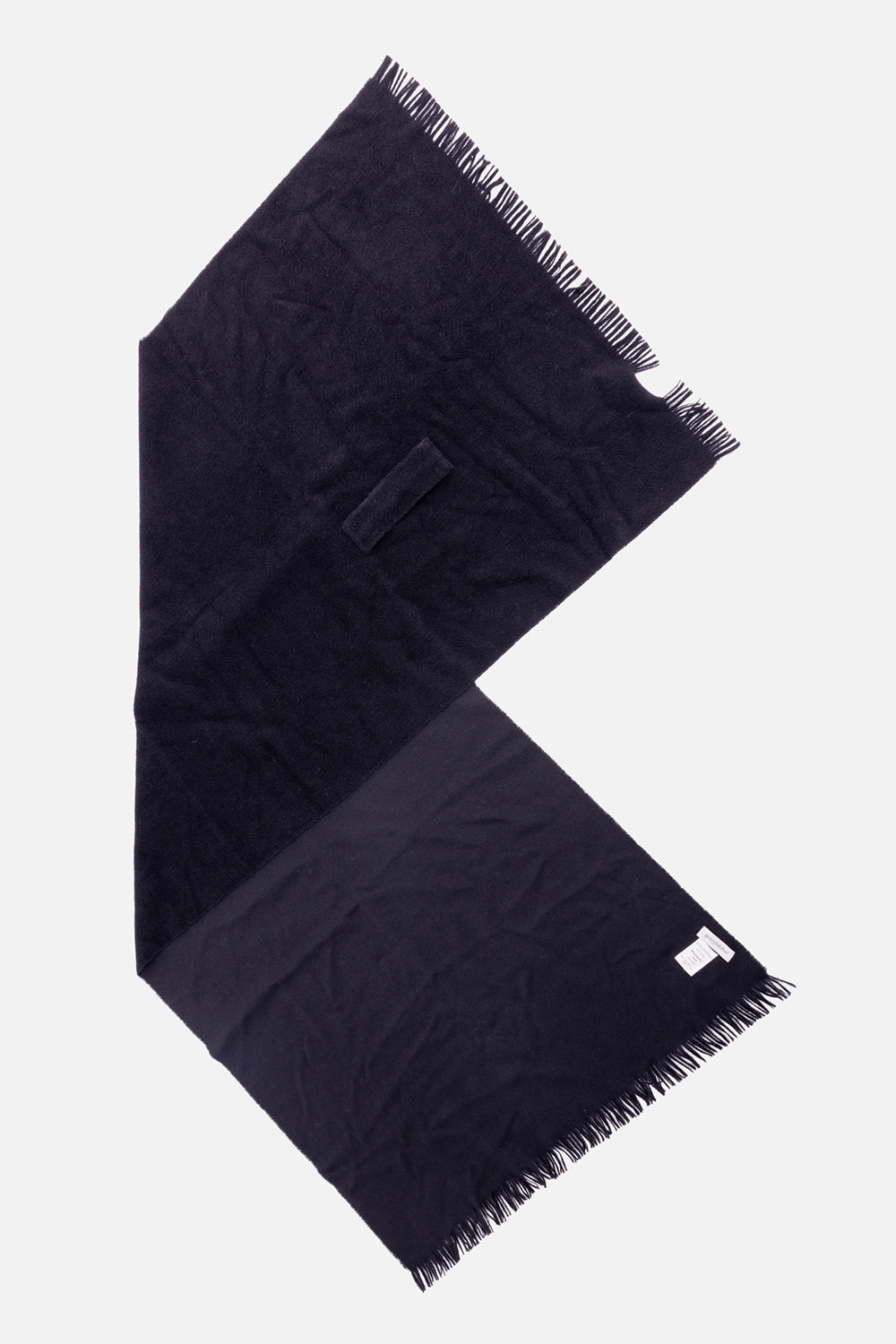 Gentry Portofino scarf in black, full view with long fringed edges and tonal woven finish