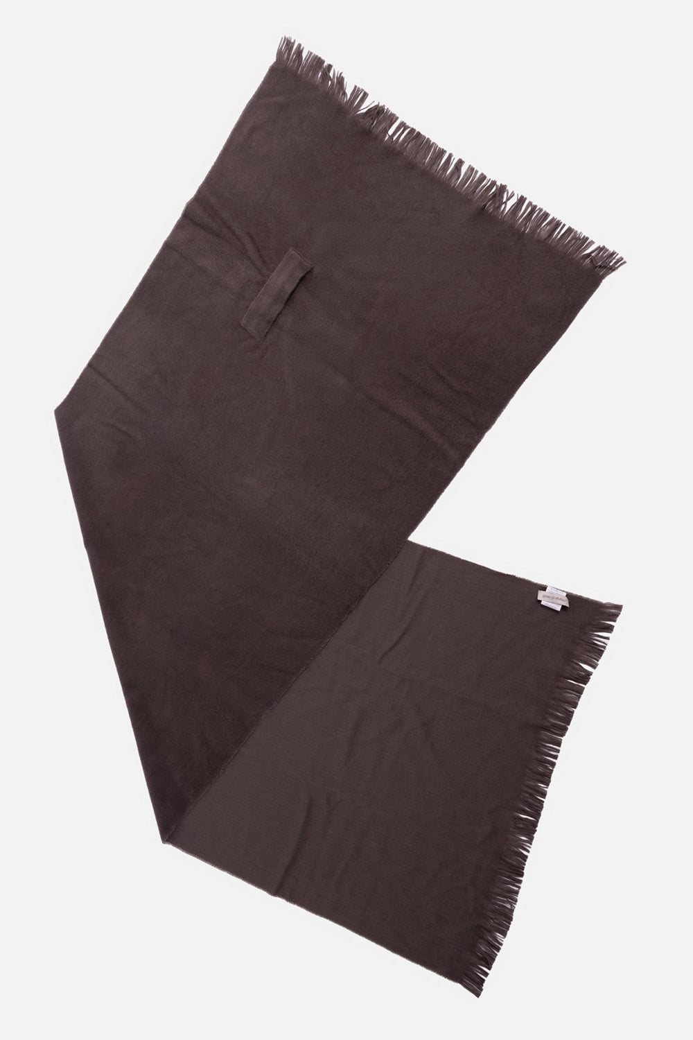Gentry Portofino unisex scarf in Mastice, full view with long fringe ends and tonal rectangular loop detail