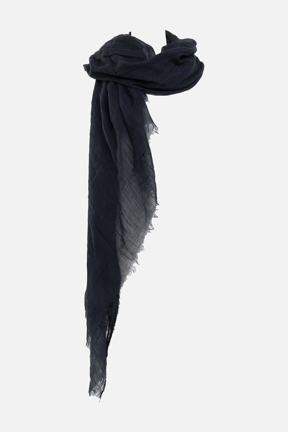 Rick Owens unisex scarf in sand, 3/4 view, oversized crinkled weave with raw frayed edges