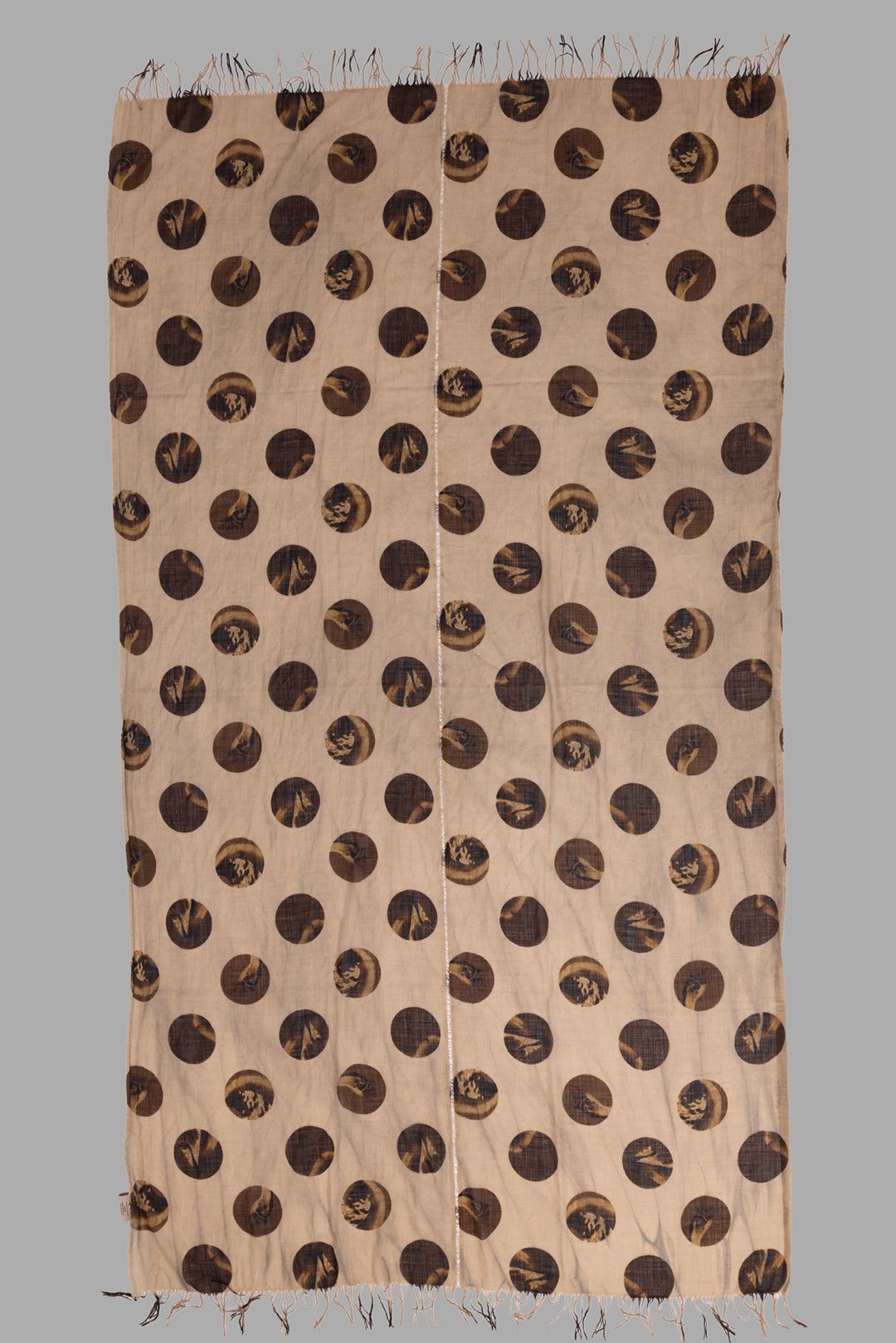 Uma Wang unisex tan brown wool scarf with circular graphic print, flat view showing full rectangle and fringed edges.