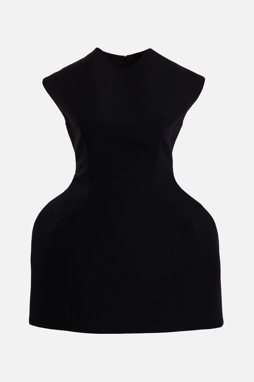 A.W.A.K.E. MODE women's mini dress in black, front view, closed neckline and curved seam shaping