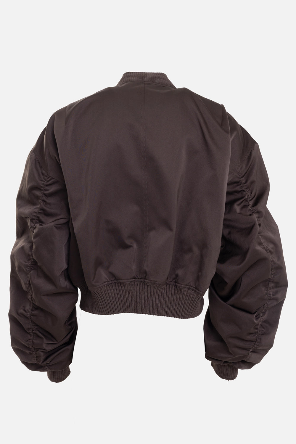 Rick Owens men's bomber jacket in dark dust, back view with ribbed hem and gathered sleeves