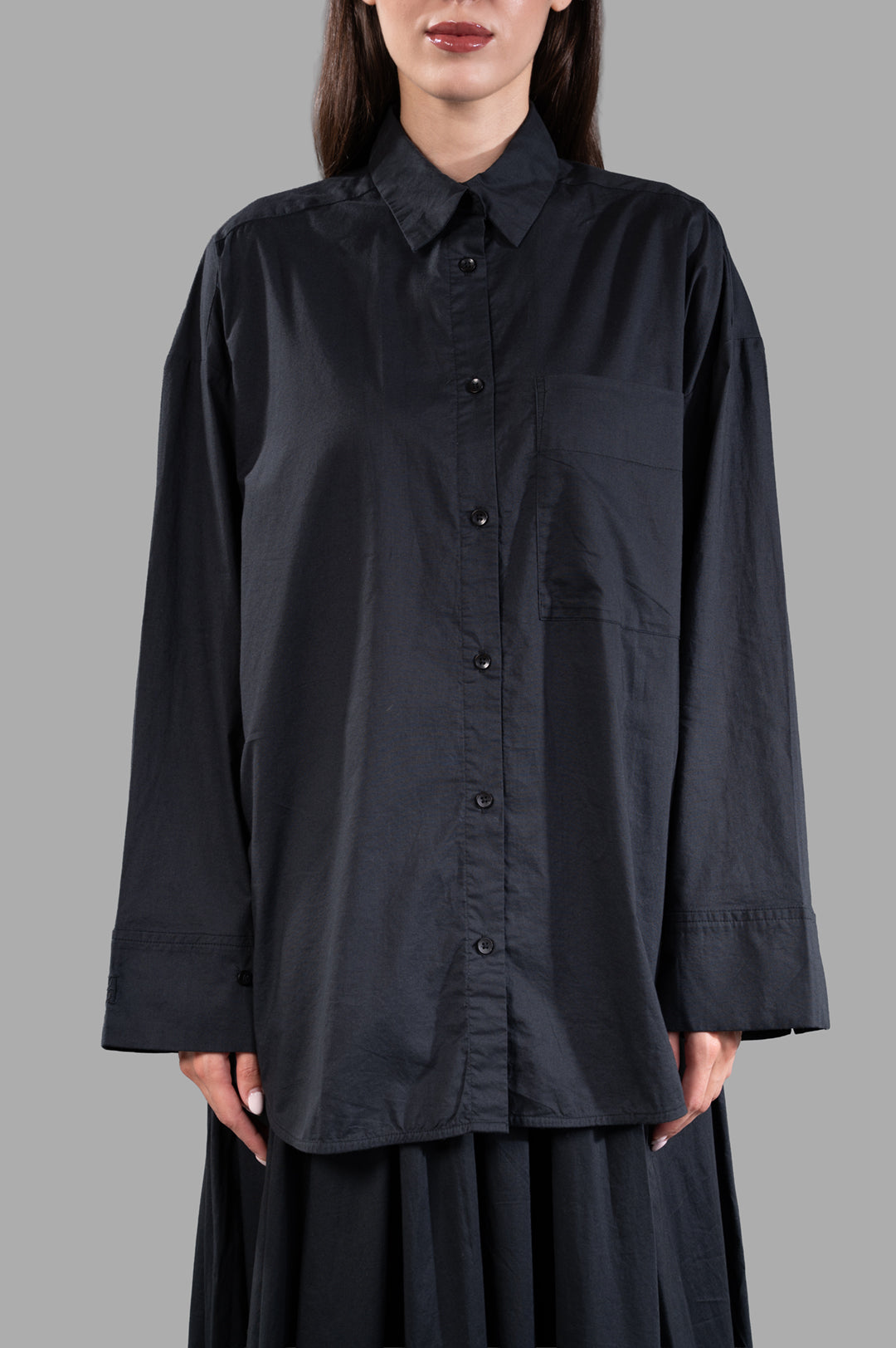 By Malene Birger. Derris Organic Cotton Shirt in black, front view showcasing buttons and smart collar detail.