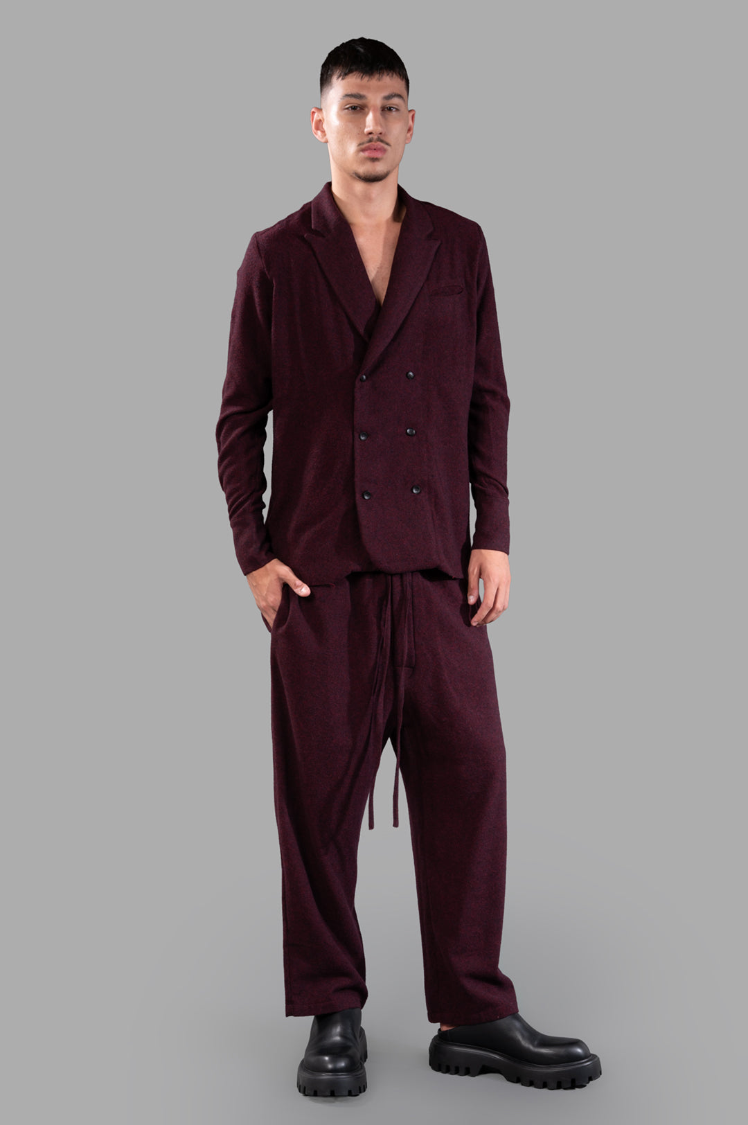 Marc Point Double-breasted Blazer in Burgundy, front view on model, showcasing premium wool texture and design.