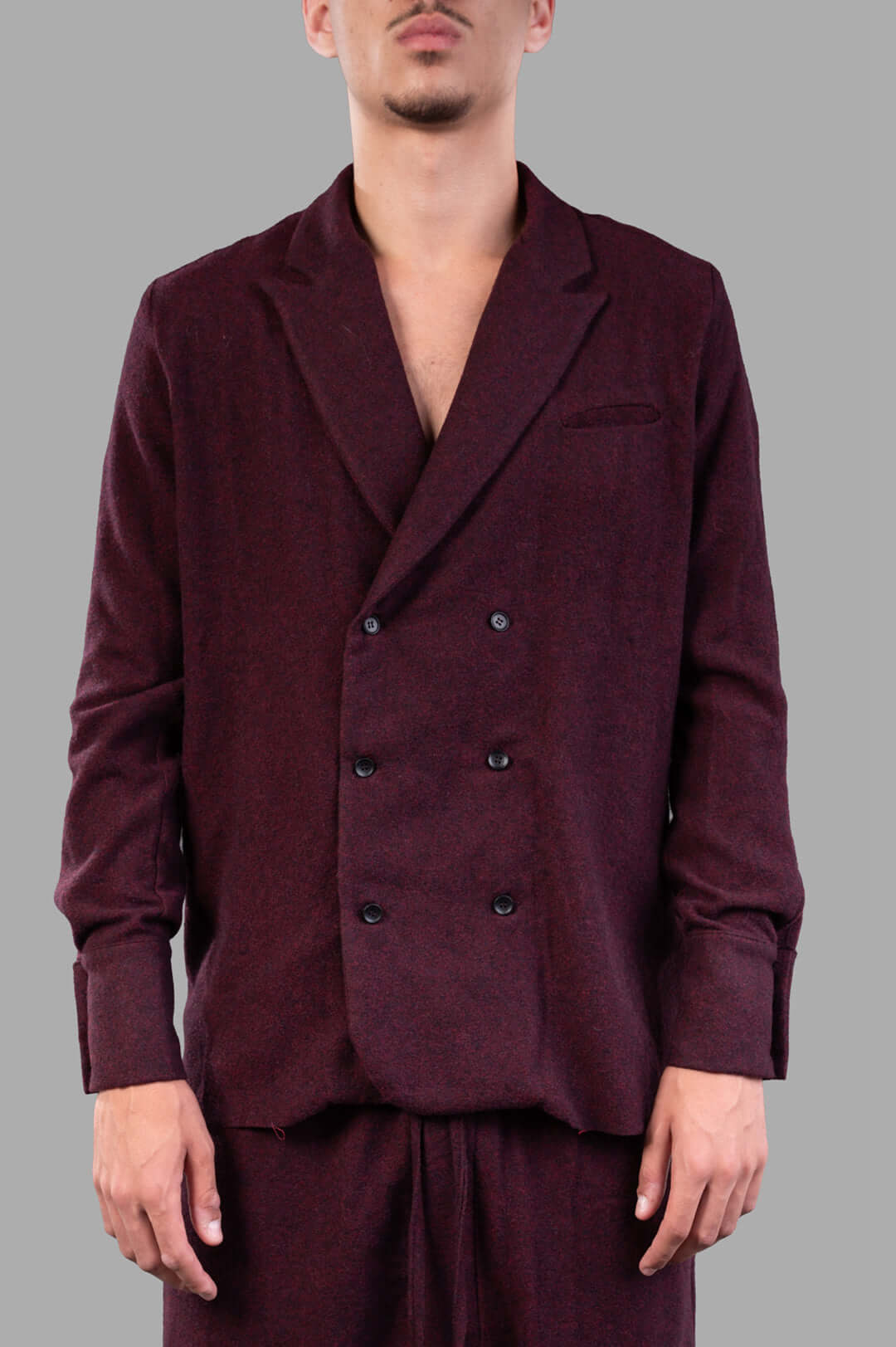 Marc Point Double-breasted Blazer in Burgundy, front view showcasing premium wool texture and refined design details.