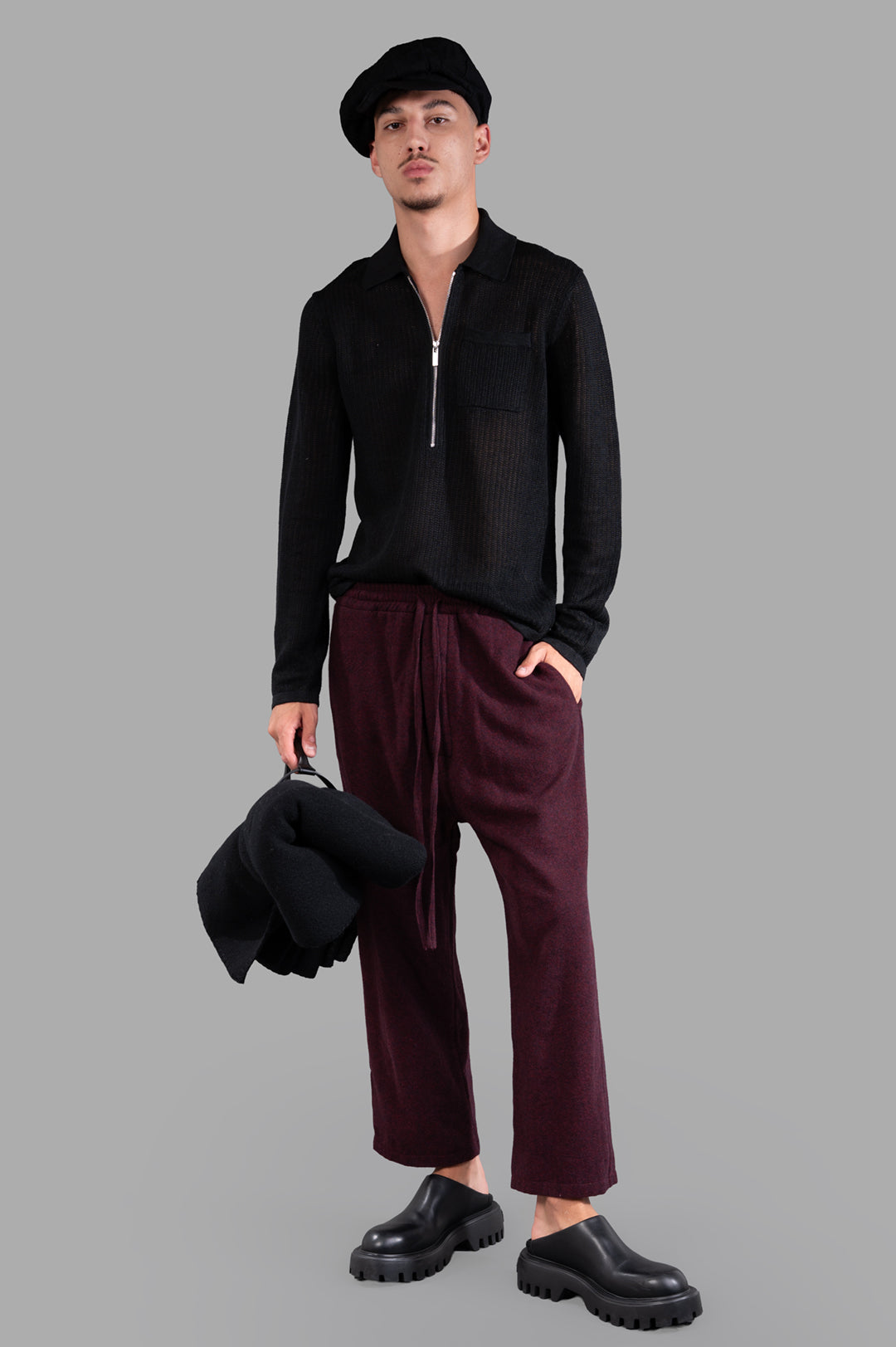 Marc Point Drawstring Trousers in burgundy, front view on-model, featuring high-rise fit and elastic waistband.