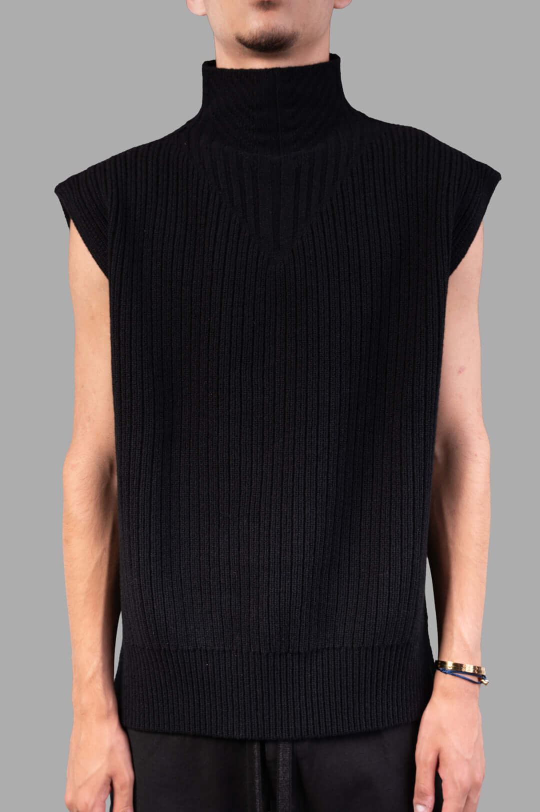 Rick Owens Concordians SL Fisherman Turtle in black, showcasing front view with ribbed turtle neck and structured fit.