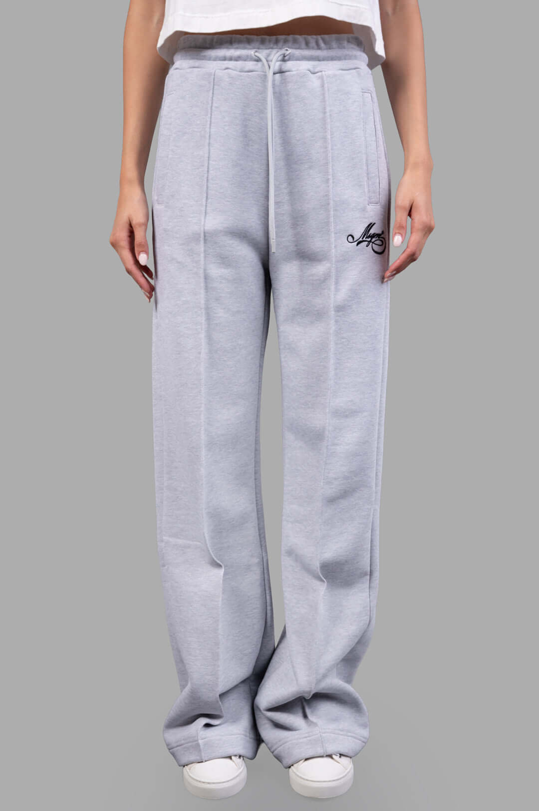 MSGM Logo Track Pants in grey, featuring elastic waistband, adjustable drawstring, and embroidered logo detail.