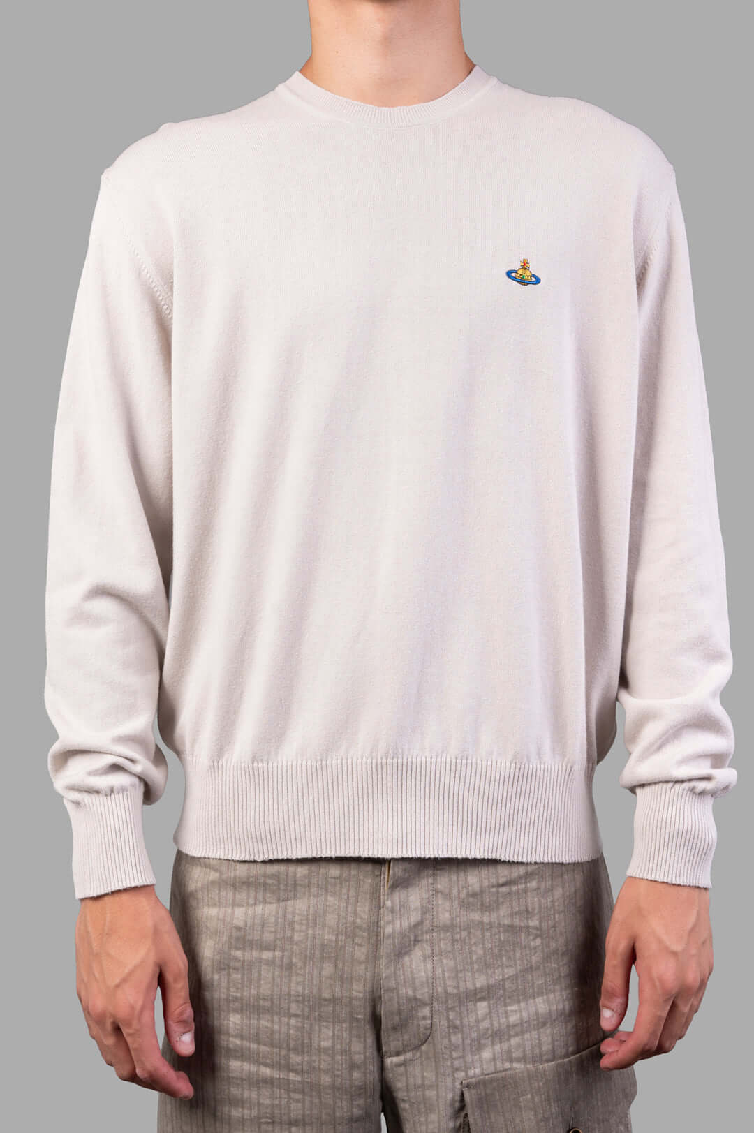Vivienne Westwood Cream Orb-embroidered Jumper features a ribbed crewneck and cuffs, showcasing the embroidered logo in dusty white.