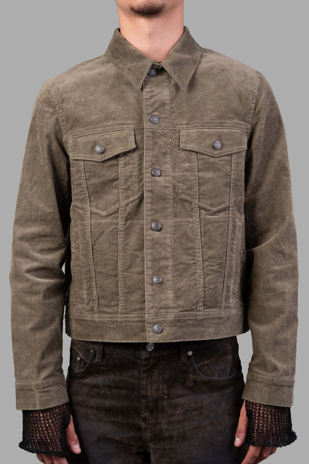 Zadig & Voltaire Corduroy Shirt Jacket in olive green, front view showcasing button closure and chest flap pockets.
