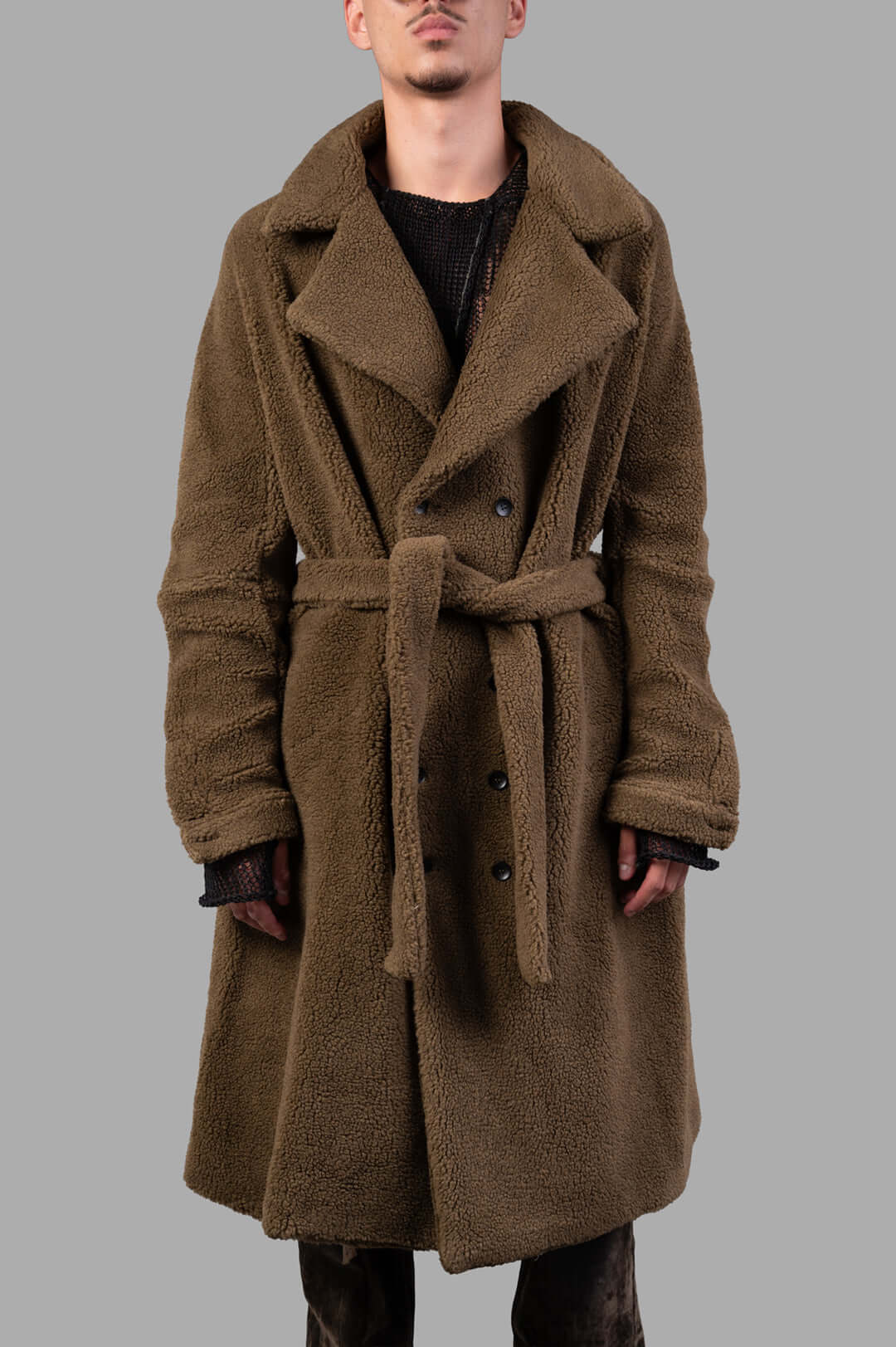 Marc Point Double-breasted Teddy Bear Coat displayed on model showcasing oversized fit and textured fabric in green.