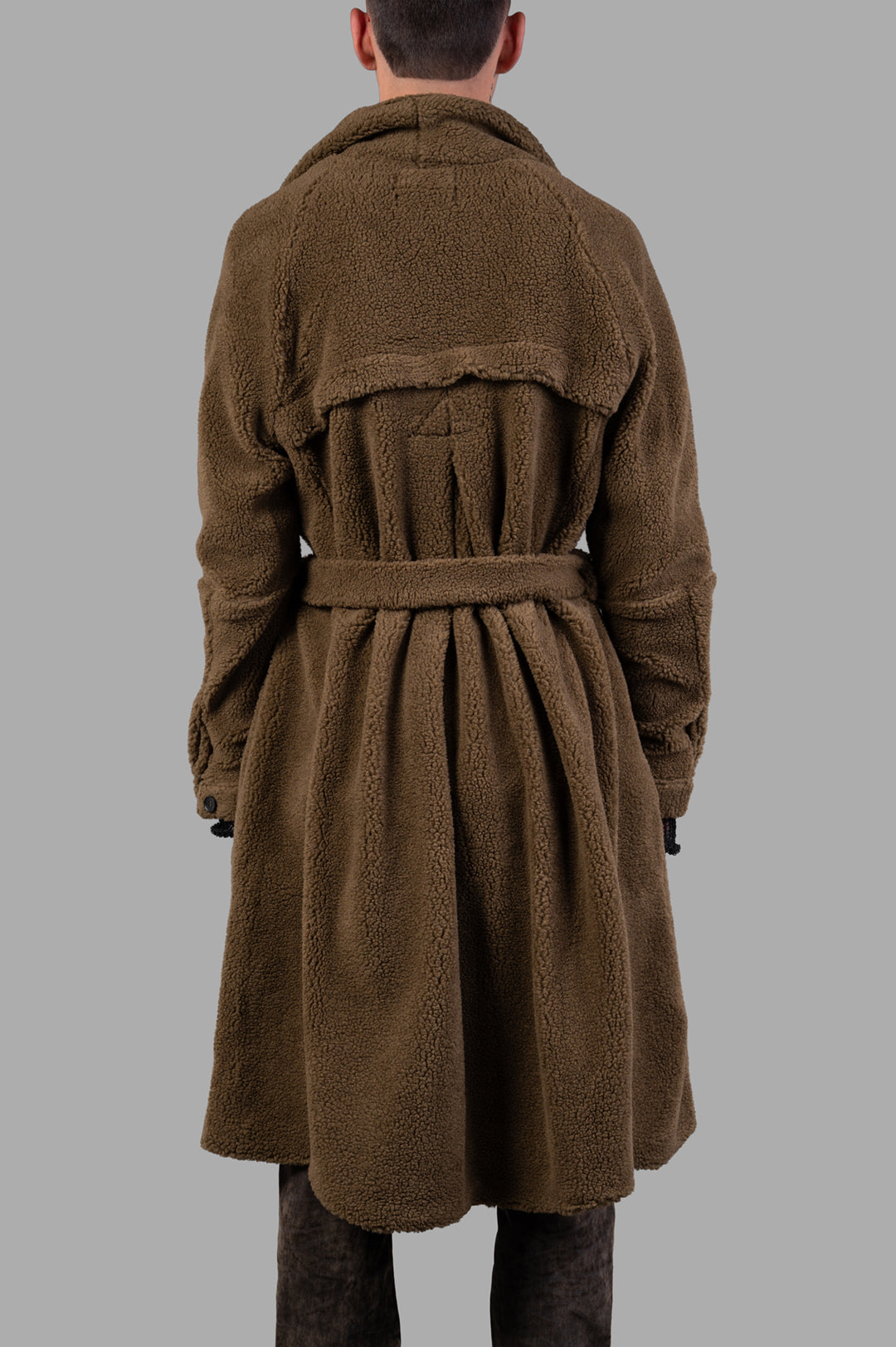 Marc Point Double-breasted Teddy Bear Coat seen from the back with a belted waist and oversized styling in brown.