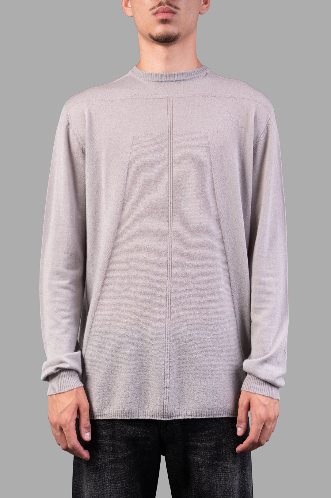 Rick Owens Crew Neck Wool Jumper in grey, showcased on-model, highlighting the soft texture and ribbed detailing.