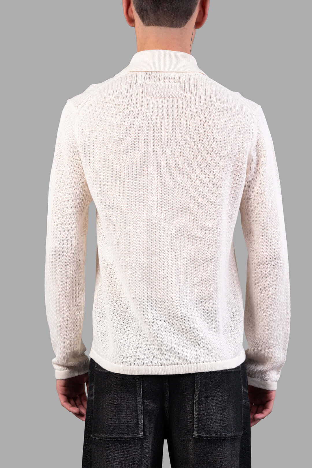 Helmut Lang Long-sleeve Zip Polo featuring a textured knit in white, shown from the back, made of 100% linen.