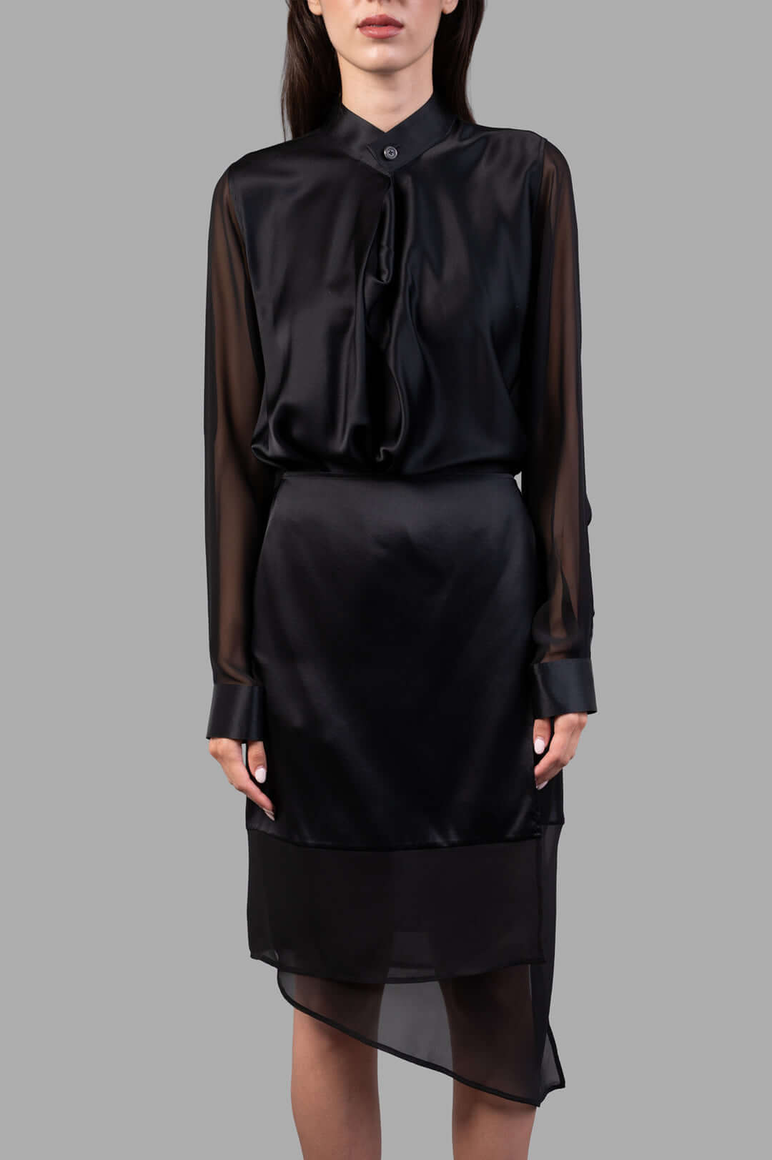 Helmut Lang Scarf Shirt Dress featuring a draped cowl neckline and sheer sleeves, showcased on a model with black silk.
