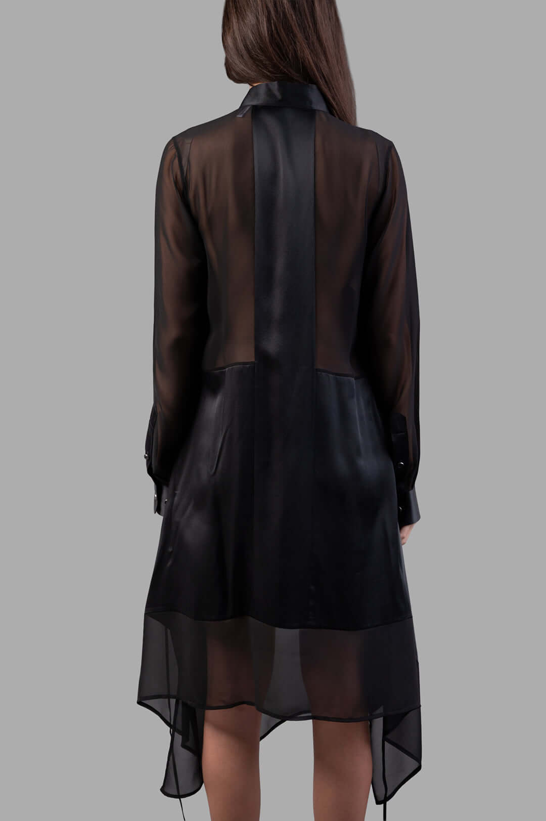 Helmut Lang Scarf Shirt Dress features sheer sleeves and geometric back panel, shown from the back, highlighting silk blend.
