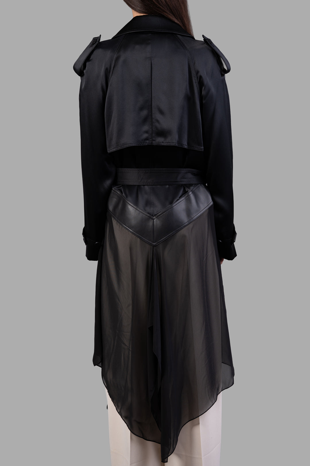 Helmut Lang Scarf Trench, double-breasted silk coat with leather details and chiffon hem, shown from the back.
