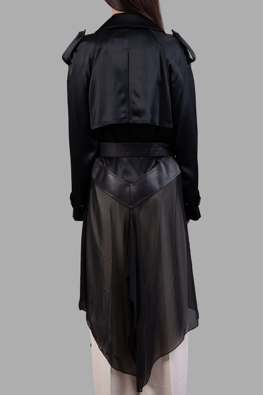 Helmut Lang Scarf Trench, double-breasted silk coat with leather details and chiffon hem, shown from the back.