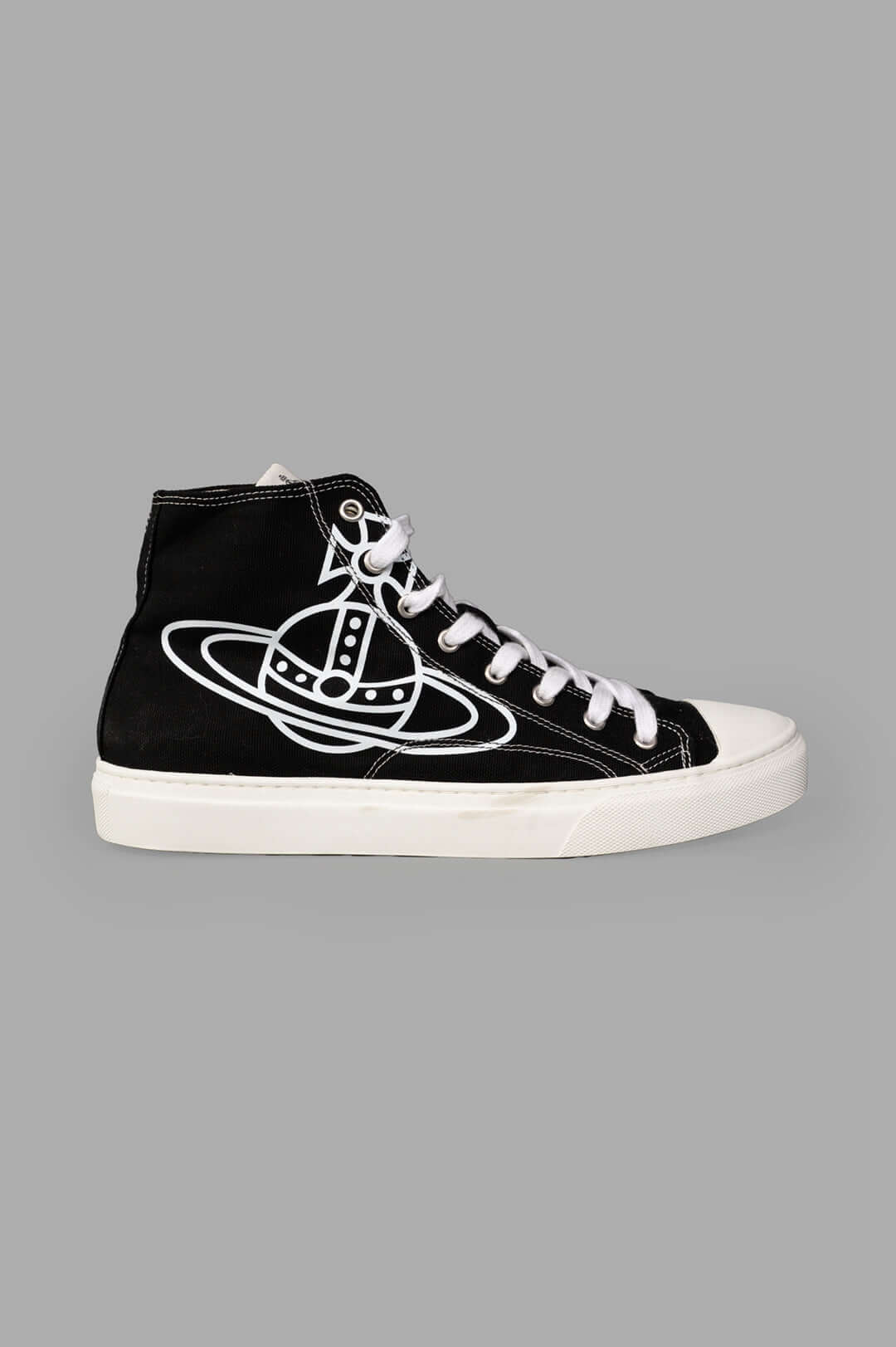 Vivienne Westwood black Plimsoll High Top Canvas Sneakers side view with white logo, lace-up design, rubber sole.