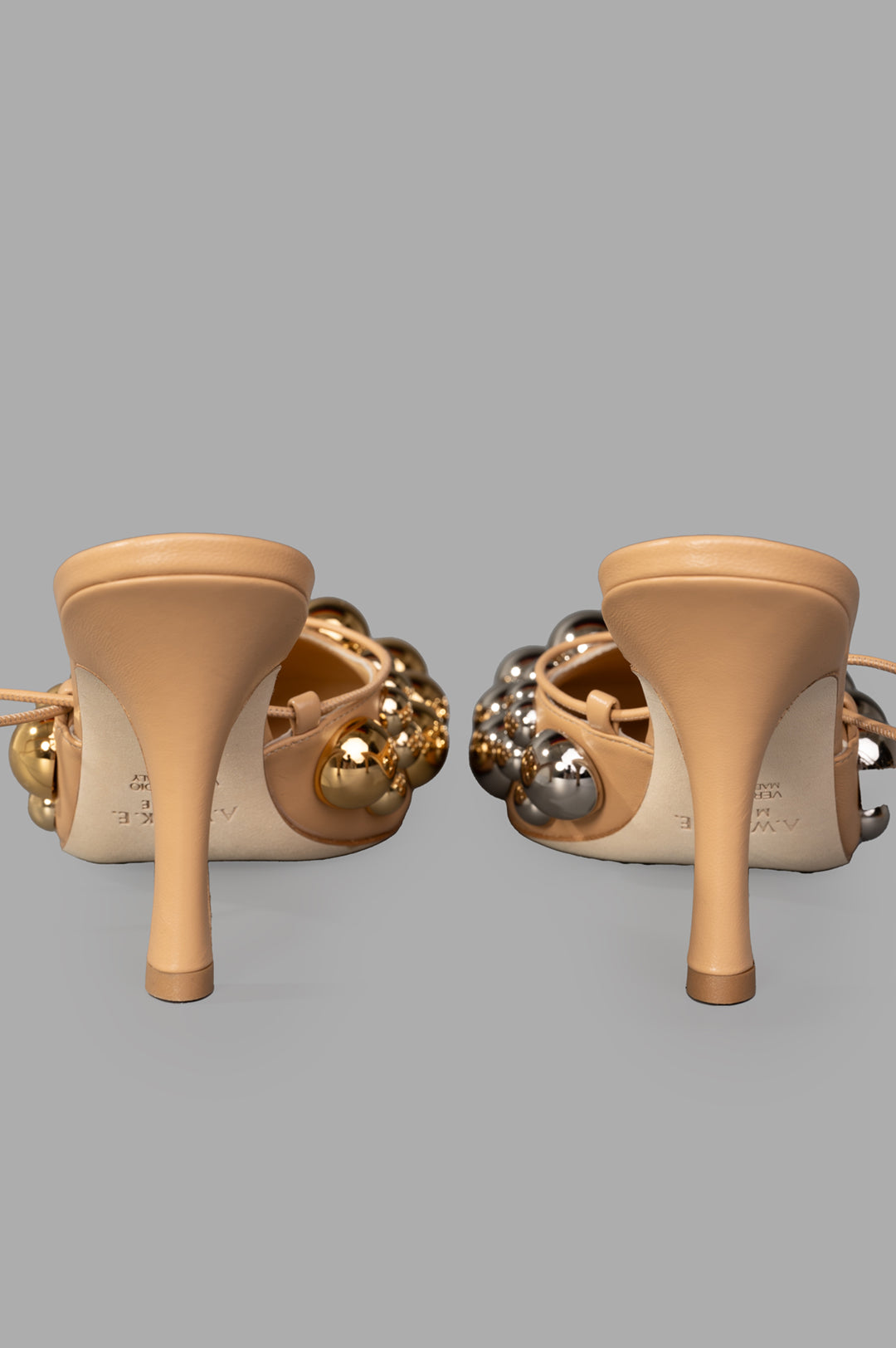 A.W.A.K.E. MODE Evening Embellished Shoes featuring gold and silver spherical accents, smooth leather, and square-toe design.