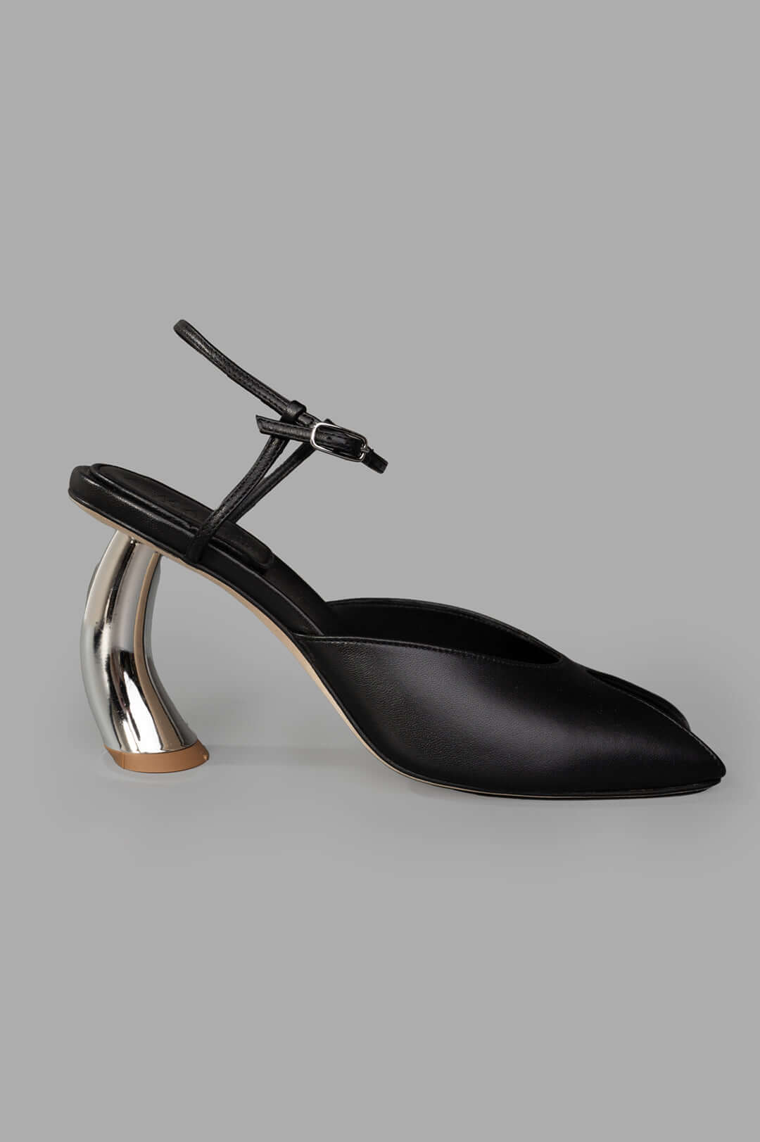 A.W.A.K.E. MODE Giustine Leather Sandals side view, black Nappa leather, gold and silver-toned heel, sleek design.