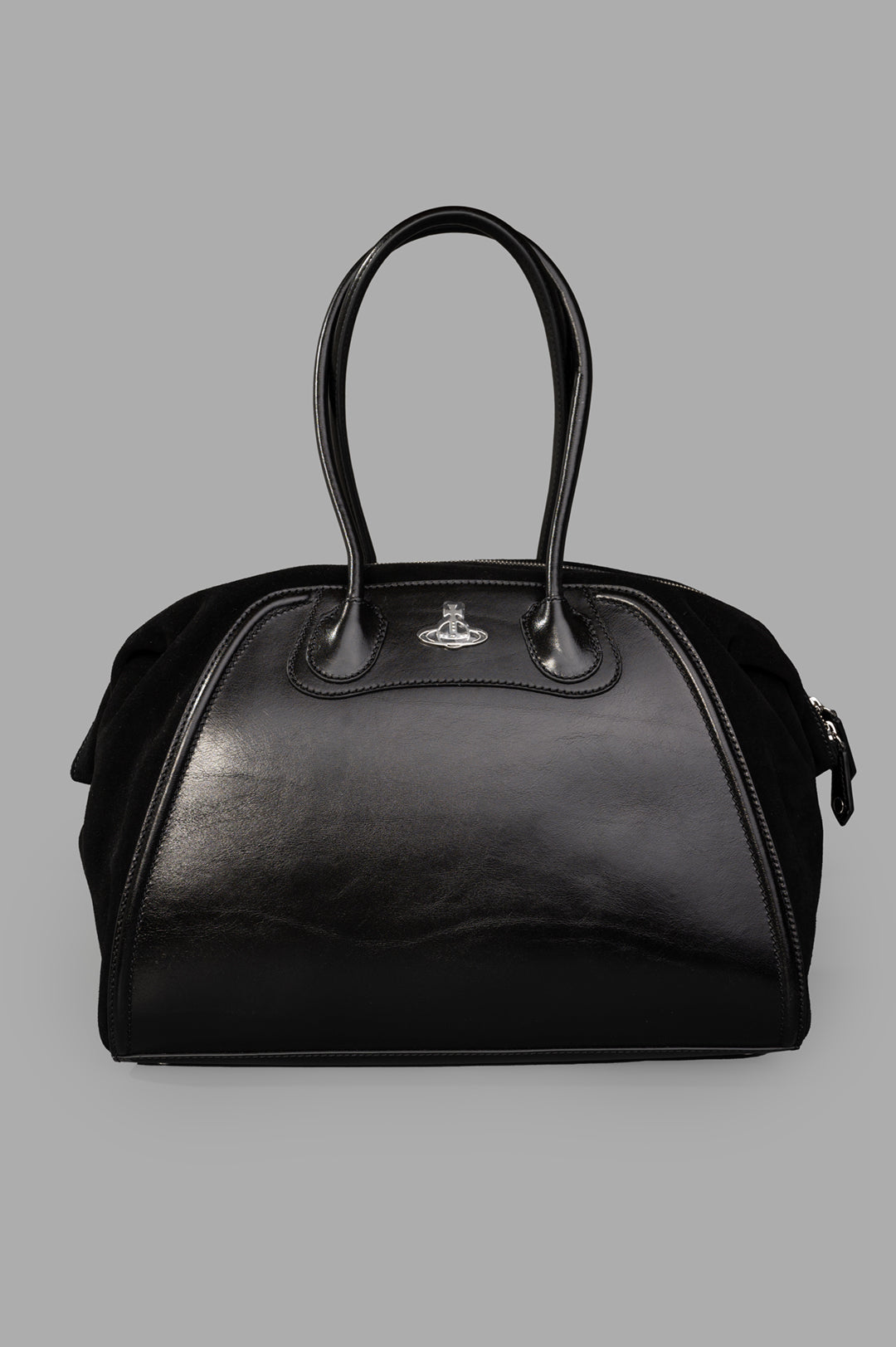 Vivienne Westwood Shirley Holdall, front view, black leather with suede gussets and signature orb emblem detail.