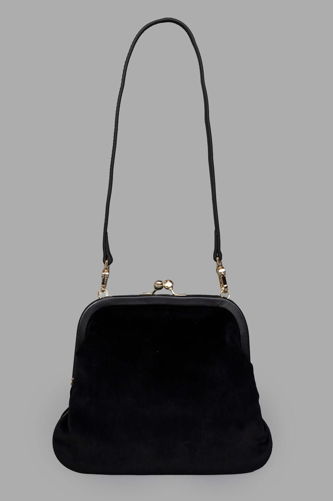 Vivienne Westwood Velvet Clutch features a vintage clasp and soft black velvet, showcasing timeless elegance from the back.