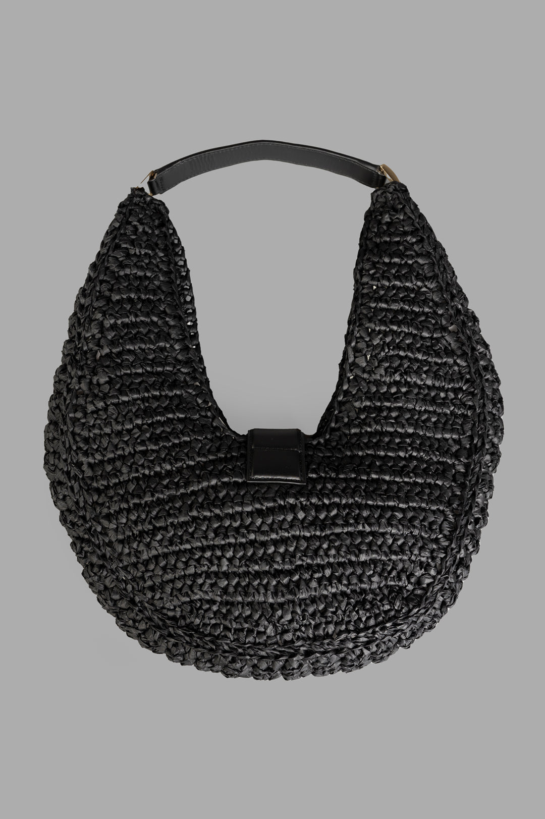 Anine Bing Raffia Monogram Shoulder Bag in Black, showcasing textured raffia with leather trim and sleek detailing.