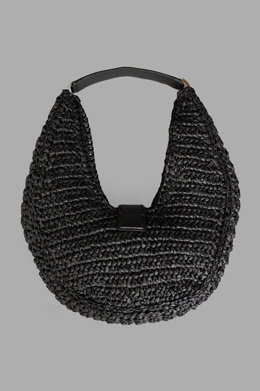 Anine Bing Raffia Monogram Shoulder Bag in Black, showcasing textured raffia with leather trim and sleek detailing.